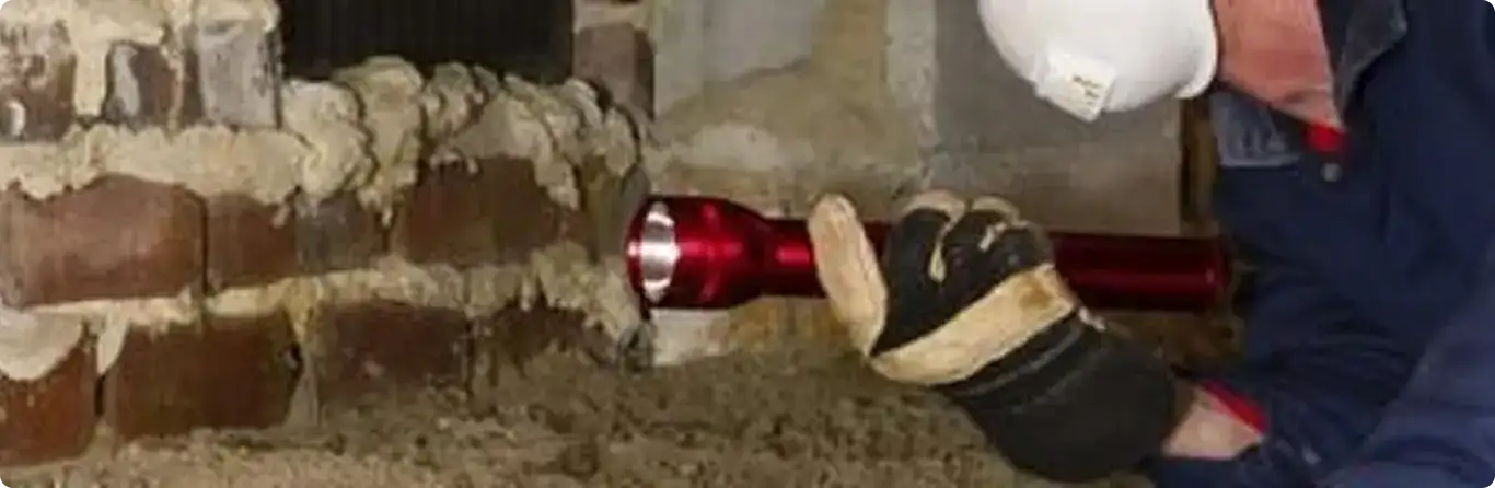 Pest control technician inspecting a crawl space for ant activity in Fultondale, AL